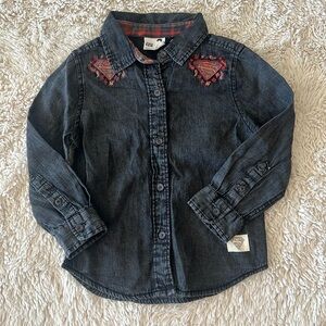 Cotton On kids Superman relaxed fit black wash embroidered button down shirt 3